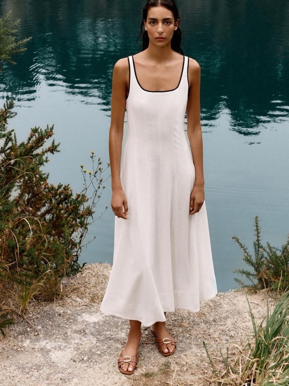 ZARA Contrast trim white A-line lined dress. S NWT